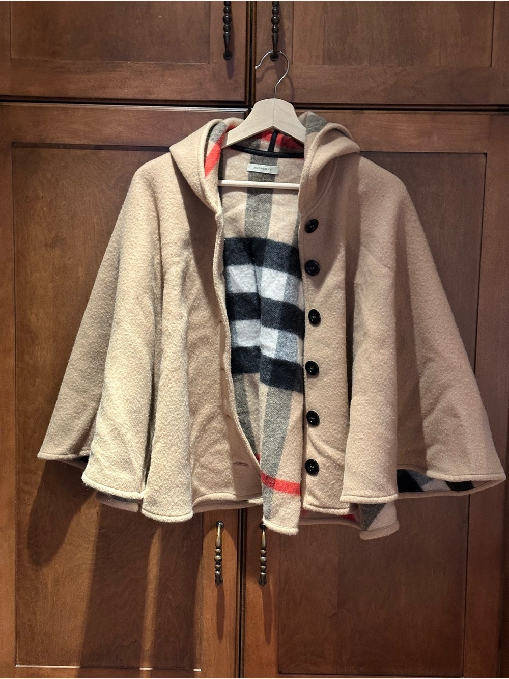 BURBERRY Tan Hooded Women's Cape with Signature Plaid Lining